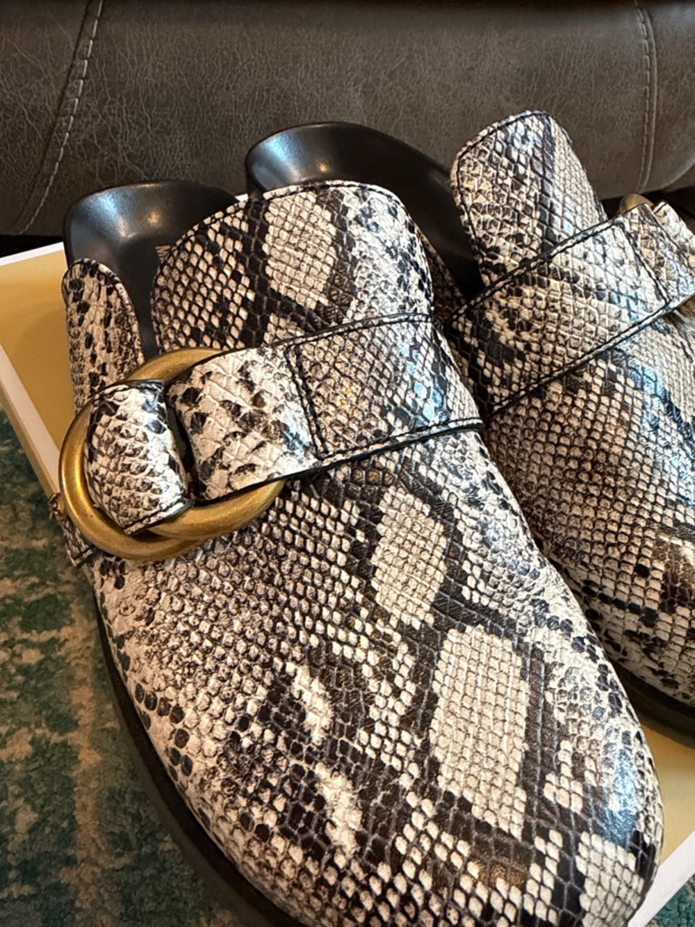 Michael Kors Jaden Clog Mules Snake Print leather with Gold Buckle - Picture 7 of 10